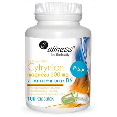 Cytrynian Magnezu 100 mg z potasem 150 mg, B6 (P-5-P) x 100 caps VEGE  Aliness
