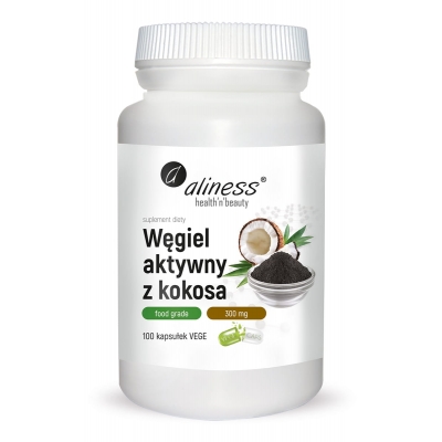 Węgiel aktywny z kokosa Food Grade 300 mg x 100 Vege caps. Aliness