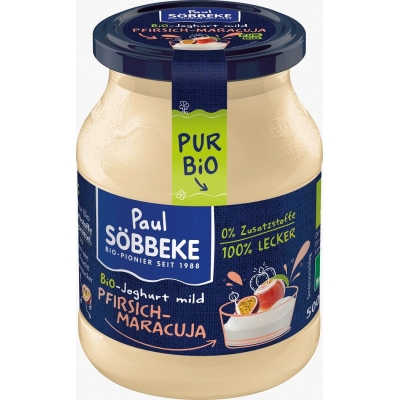 JOGURT KREMOWY BRZOSKWINIA - MARAKUJA (3,8 % TŁUSZCZU W MLEKU) BIO 500 g (SŁOIK) - SOBBEKE