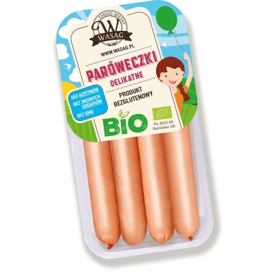 PARÓWKI WIEPRZOWE DELIKATNE BEZGLUTENOWE BIO 150 g - WASĄG (NA ZAMÓWIENIE)